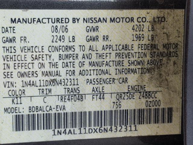 1N4AL11DX6N432311 - 2006 NISSAN ALTIMA S CHARCOAL photo 10