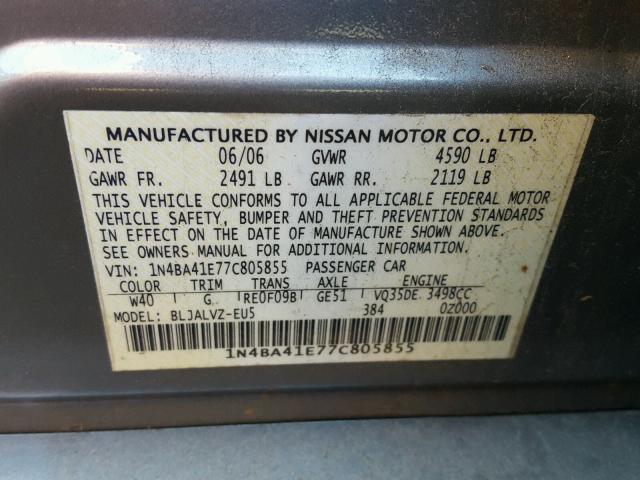 1N4BA41E77C805855 - 2007 NISSAN MAXIMA SE GRAY photo 10