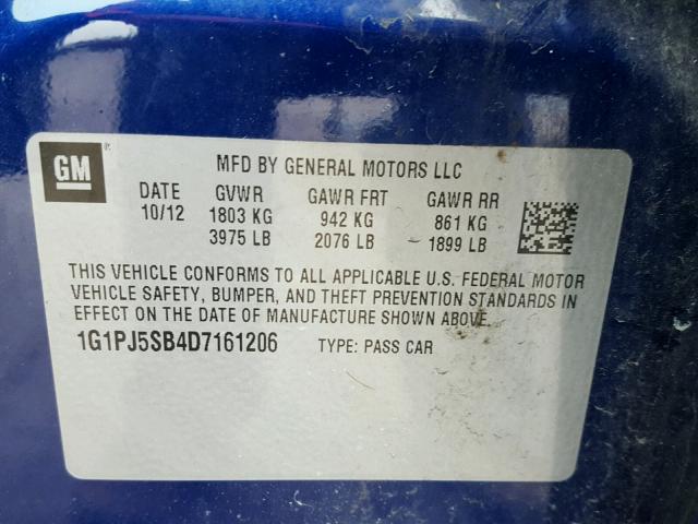 1G1PJ5SB4D7161206 - 2013 CHEVROLET CRUZE ECO BLUE photo 10