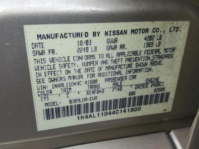 1N4AL11D44C141800 - 2004 NISSAN ALTIMA BAS GOLD photo 10