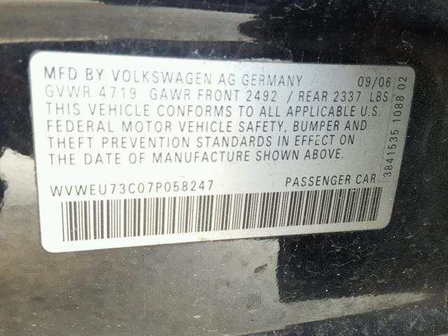 WVWEU73C07P058247 - 2007 VOLKSWAGEN PASSAT 3.6 BLACK photo 10