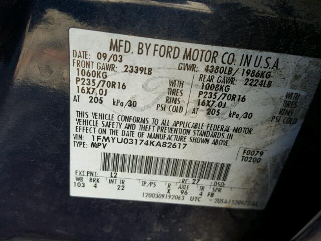 1FMYU03174KA82617 - 2004 FORD ESCAPE XLT BLUE photo 10