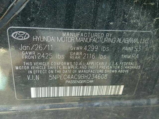 5NPEC4AC9BH234608 - 2011 HYUNDAI SONATA SE BLACK photo 10