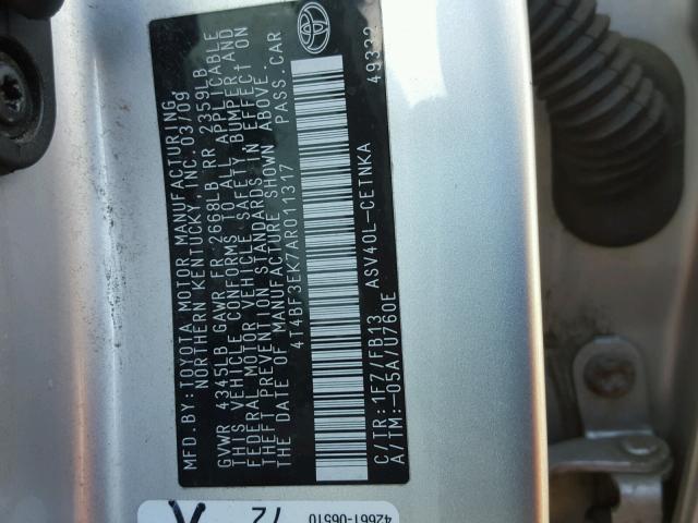 4T4BF3EK7AR011317 - 2010 TOYOTA CAMRY BASE SILVER photo 10