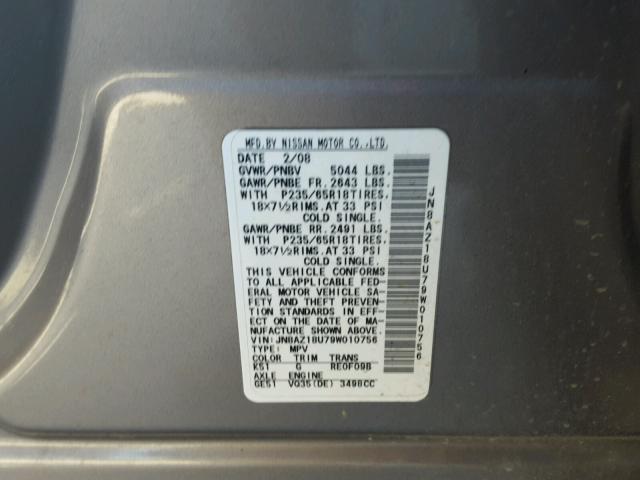 JN8AZ18U79W010756 - 2009 NISSAN MURANO S GRAY photo 10