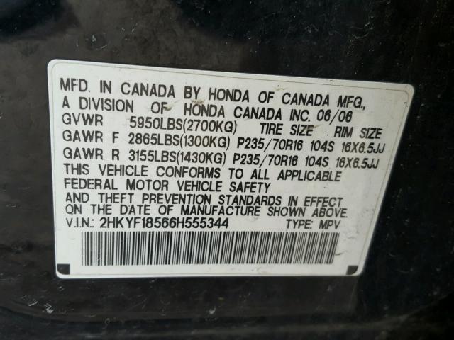 2HKYF18566H555344 - 2006 HONDA PILOT EX BLACK photo 10