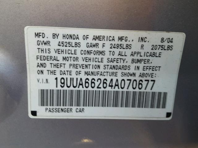 19UUA66264A070677 - 2004 ACURA TL SILVER photo 10