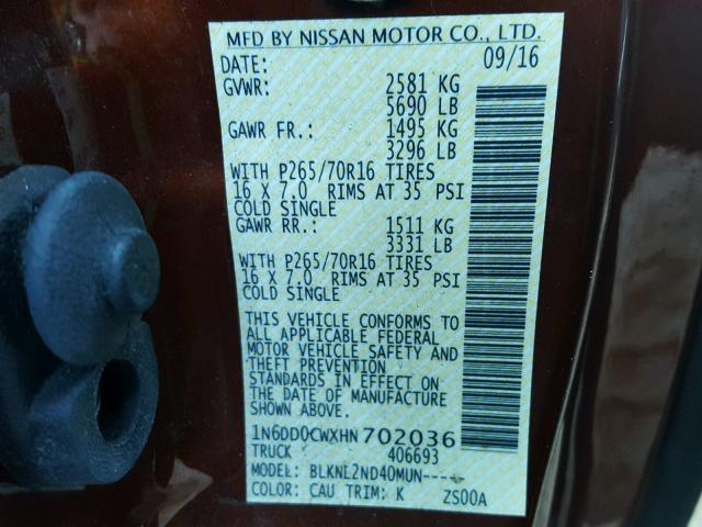 1N6DD0CWXHN702036 - 2017 NISSAN FRONTIER S BROWN photo 10