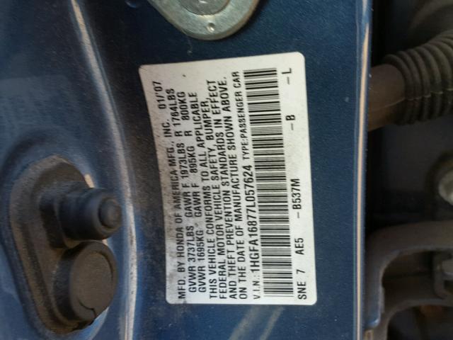 1HGFA16877L057624 - 2007 HONDA CIVIC EX ლურჯი ფოტო 10