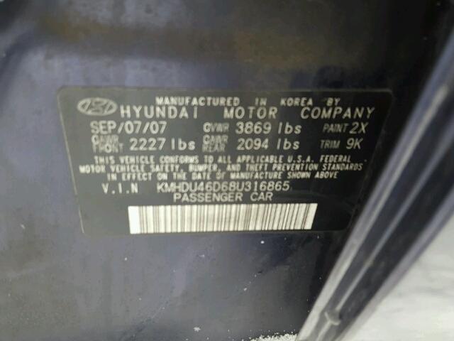 KMHDU46D68U316865 - 2008 HYUNDAI ELANTRA GL BLACK photo 10