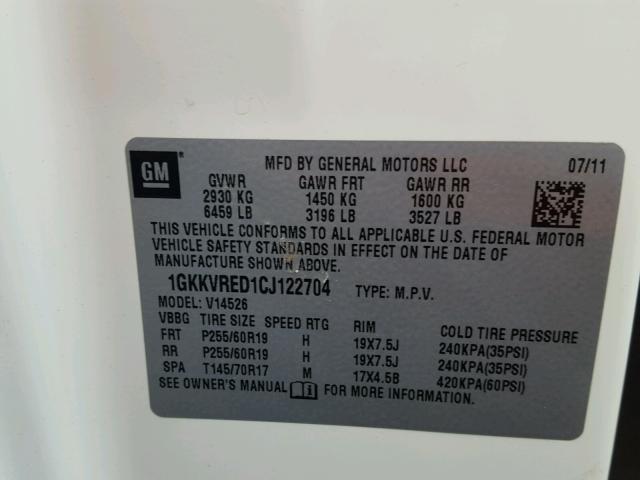 1GKKVRED1CJ122704 - 2012 GMC ACADIA SLT თეთრი ფოტო 10