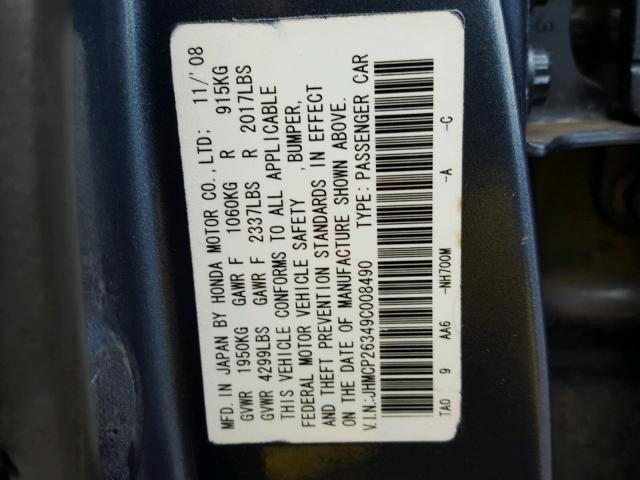 JHMCP26349C008490 - 2009 HONDA ACCORD LX BLUE photo 10