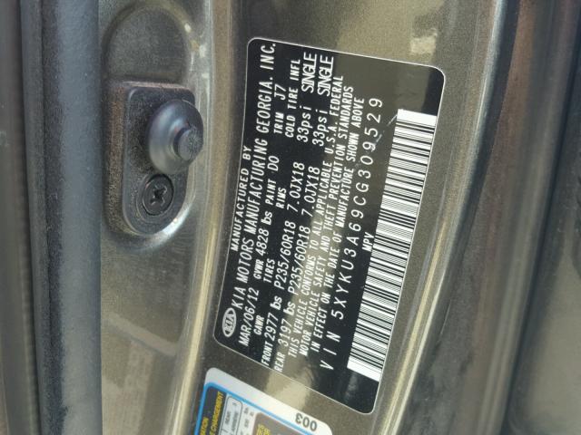 5XYKU3A69CG309529 - 2012 KIA SORENTO EX GRAY photo 10