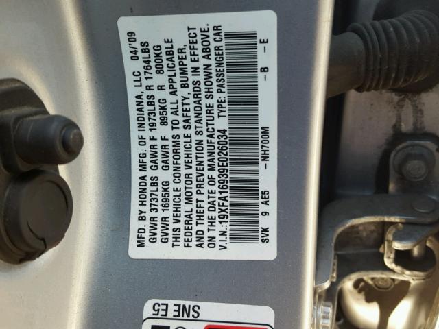 19XFA16939E026034 - 2009 HONDA CIVIC EXL SILVER photo 10