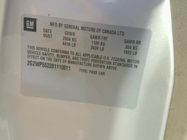 2G2WP552281110811 - 2008 PONTIAC GRAND PRIX BEIGE photo 10