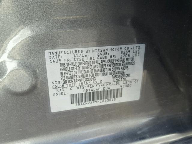 3N1CN7AP9HL830013 - 2017 NISSAN VERSA S GRAY photo 10