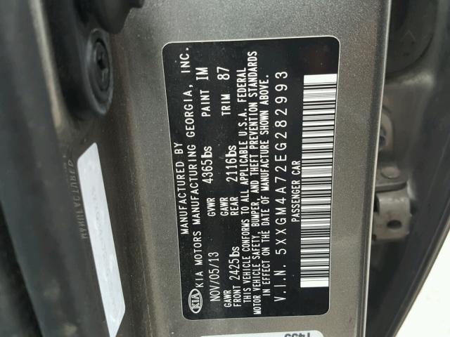 5XXGM4A72EG282993 - 2014 KIA OPTIMA LX GRAY photo 10