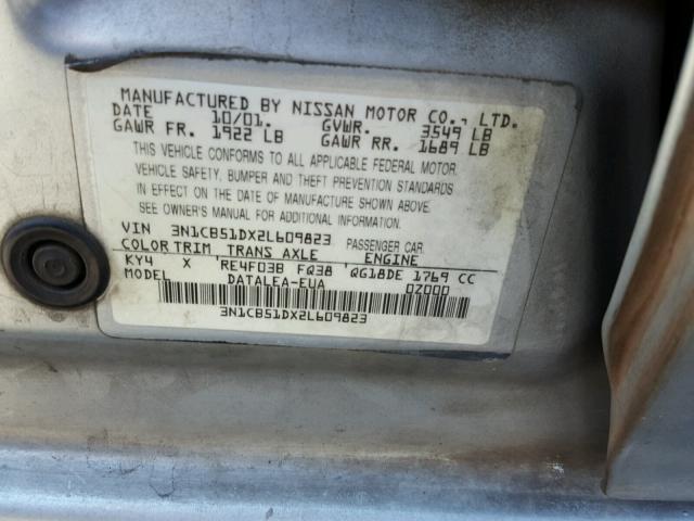 3N1CB51DX2L609823 - 2002 NISSAN SENTRA XE SILVER photo 10