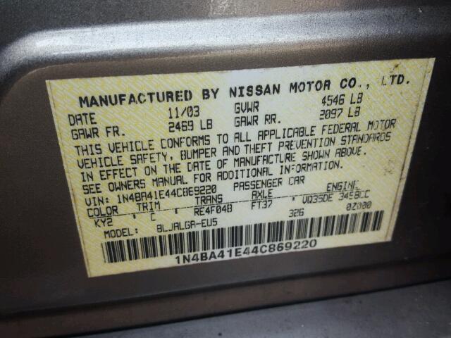 1N4BA41E44C869220 - 2004 NISSAN MAXIMA SE GRAY photo 10