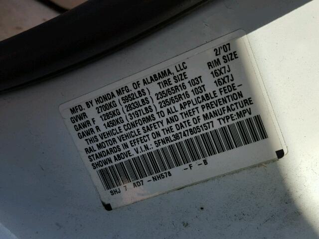 5FNRL38747B051577 - 2007 HONDA ODYSSEY EX WHITE photo 10