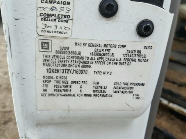 1GKEK13T2YJ160970 - 2000 GMC YUKON أبيض صورة 10