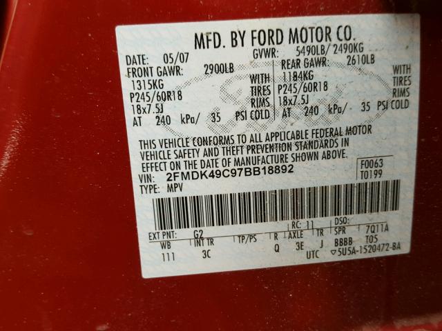 2FMDK49C97BB18892 - 2007 FORD EDGE SEL P RED photo 10