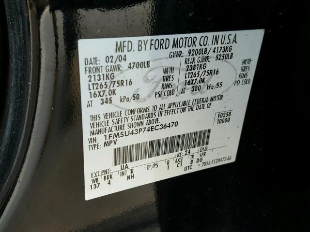 1FMSU43P74EC36470 - 2004 FORD EXCURSION BLACK photo 10