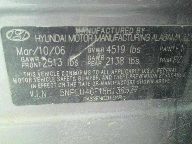 5NPEU46F16H139577 - 2006 HYUNDAI SONATA GLS GRAY photo 10