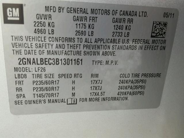 2GNALBEC3B1301161 - 2011 CHEVROLET EQUINOX LS SILVER photo 10