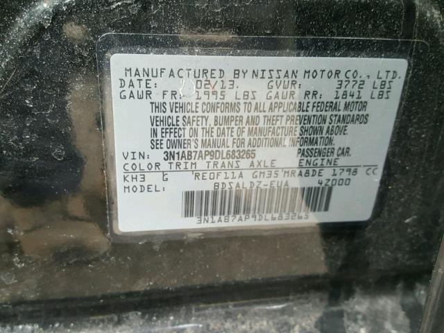 3N1AB7AP9DL683265 - 2013 NISSAN SENTRA S BLACK photo 10