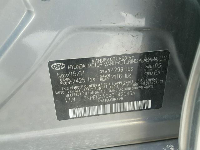 5NPEC4ACXCH420465 - 2012 HYUNDAI SONATA SE GRAY photo 10