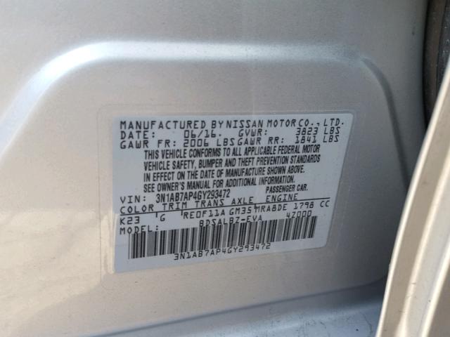 3N1AB7AP4GY293472 - 2016 NISSAN SENTRA S SILVER photo 10