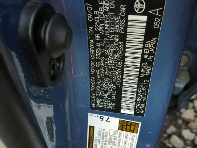 JTDKB20U087709564 - 2008 TOYOTA PRIUS BLUE photo 10