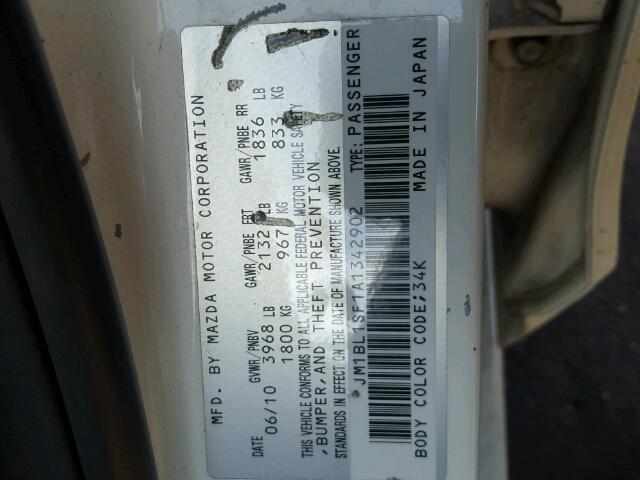 JM1BL1SF1A1342902 - 2010 MAZDA 3 I WHITE photo 10