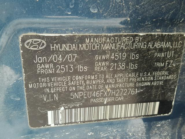 5NPEU46FX7H272761 - 2007 HYUNDAI SONATA SE BLUE photo 10