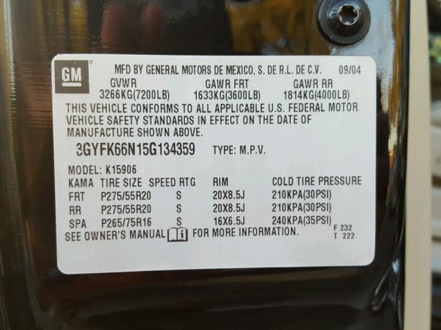 3GYFK66N15G134359 - 2005 CADILLAC ESCALADE E BLACK photo 10