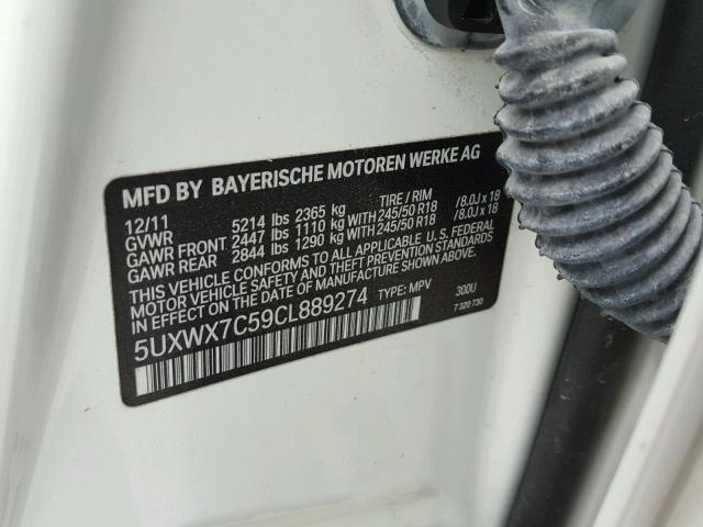 5UXWX7C59CL889274 - 2012 BMW X3 XDRIVE3 WHITE photo 10