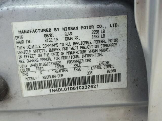 1N4DL01D61C232621 - 2001 NISSAN ALTIMA XE SILVER photo 10