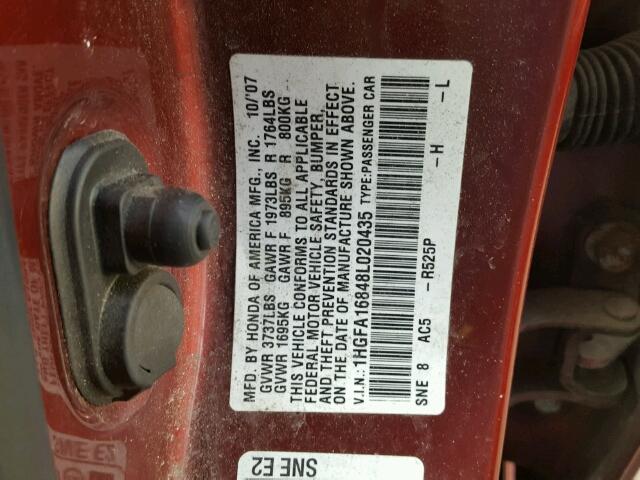 1HGFA16848L020435 - 2008 HONDA CIVIC EX MAROON photo 10