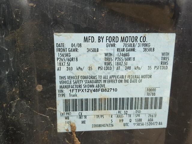 1FTPX12V48FB82710 - 2008 FORD F150 GRAY photo 10