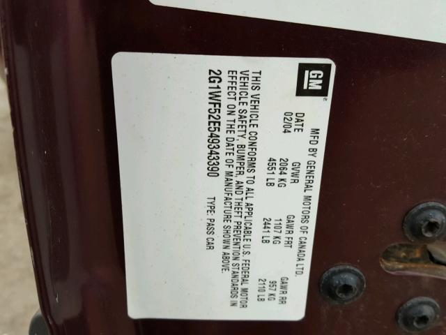 2G1WF52E549343390 - 2004 CHEVROLET IMPALA MAROON photo 10