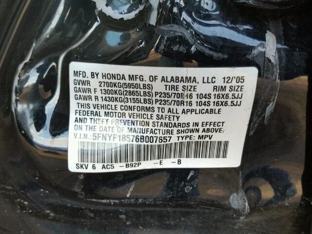 5FNYF18576B007657 - 2006 HONDA PILOT EX BLACK photo 10