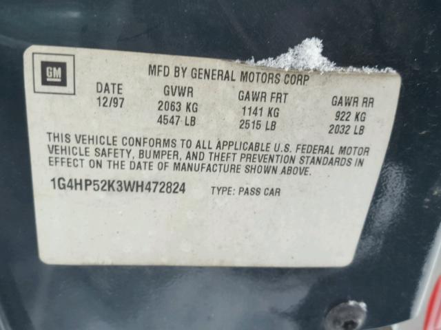 1G4HP52K3WH472824 - 1998 BUICK LESABRE CU GREEN photo 10