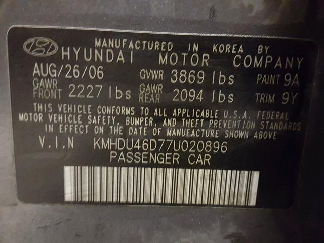 KMHDU46D77U020896 - 2007 HYUNDAI ELANTRA GL GRAY photo 10