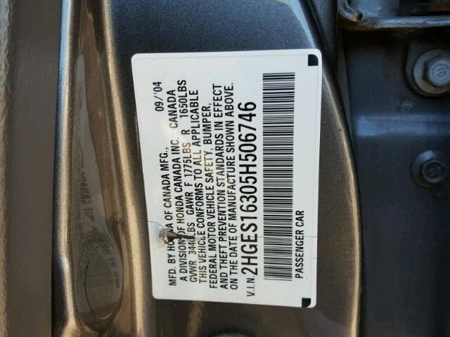 2HGES16305H506746 - 2005 HONDA CIVIC DX V SILVER photo 10