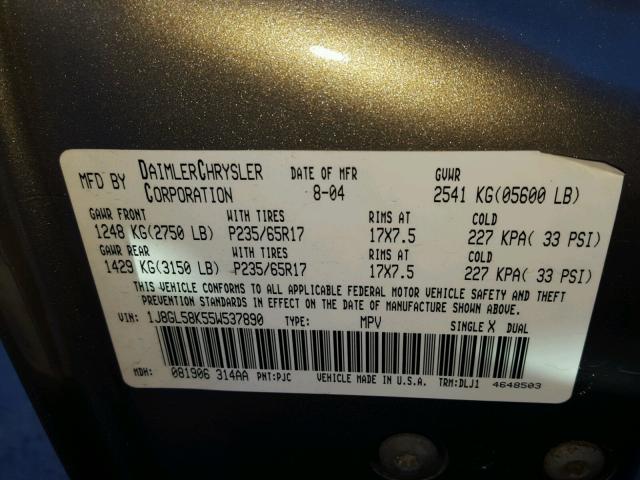 1J8GL58K55W537890 - 2005 JEEP LIBERTY LI GOLD photo 10