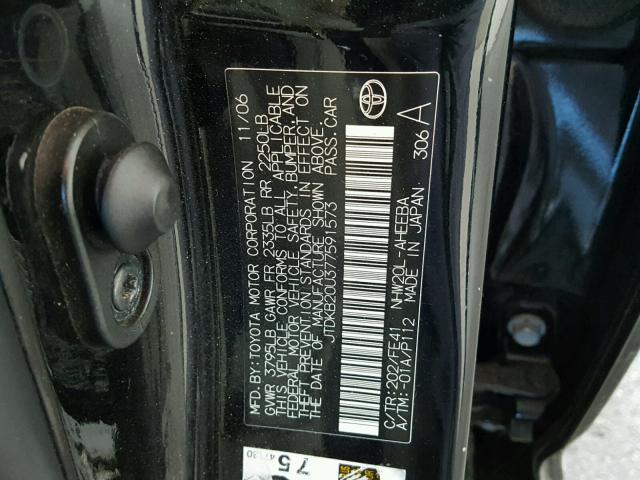 JTDKB20U377591573 - 2007 TOYOTA PRIUS BLACK photo 10