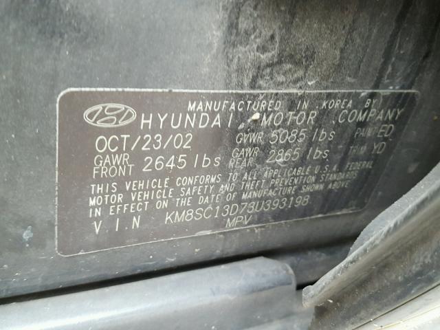 KM8SC13D73U393198 - 2003 HYUNDAI SANTA FE G BLACK photo 10