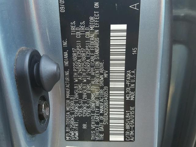 5TDZA22C06S400539 - 2006 TOYOTA SIENNA XLE BLUE photo 10