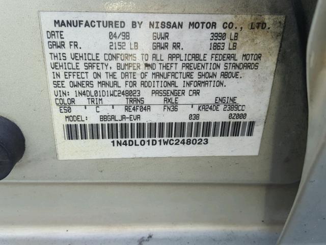 1N4DL01D1WC248023 - 1998 NISSAN ALTIMA XE GOLD photo 10